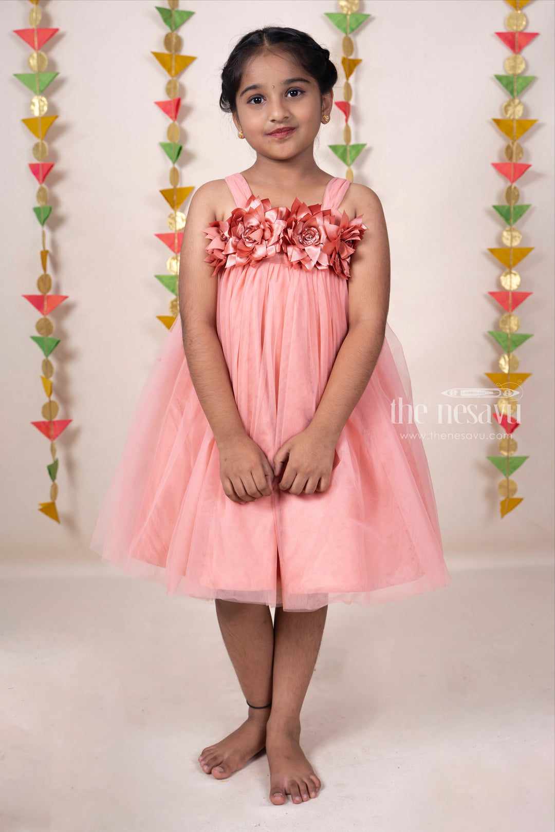The Nesavu Party Frock Pastel Coral Pink Soft Net Party Wear For Baby Girls With Floral Embellishments psr silks Nesavu 24 (5Y) / Sienna PF57B