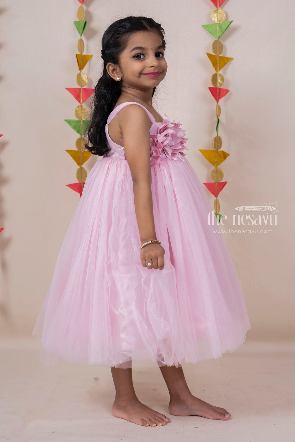 The Nesavu Party Frock Pastel Coral Pink Soft Net Party Wear For Baby Girls With Floral Embellishments psr silks Nesavu
