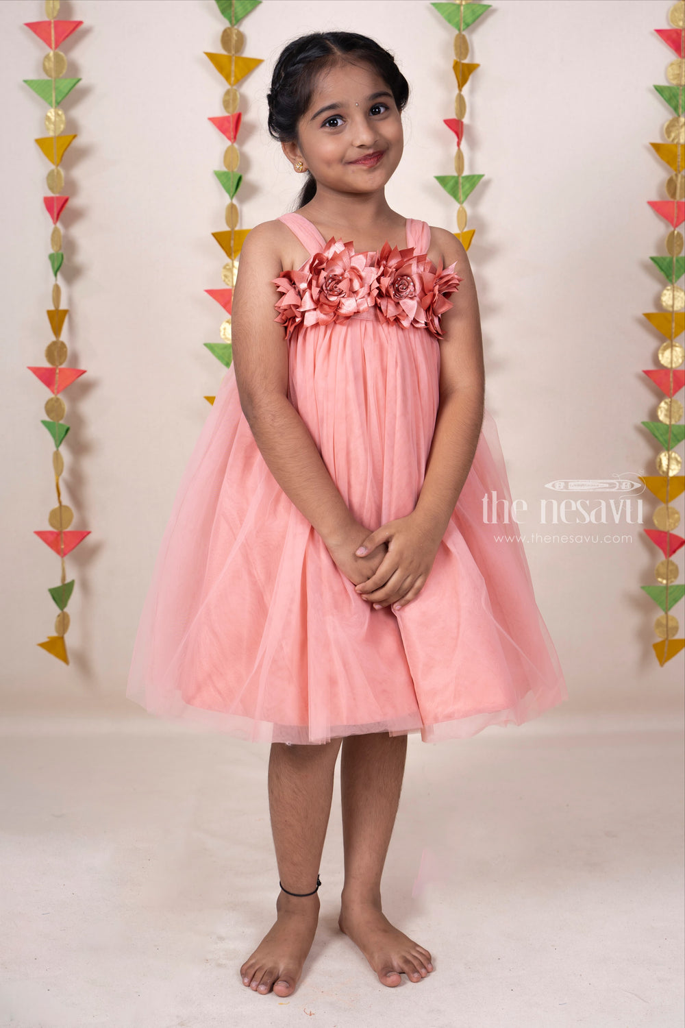 The Nesavu Party Frock Pastel Coral Pink Soft Net Party Wear For Baby Girls With Floral Embellishments psr silks Nesavu