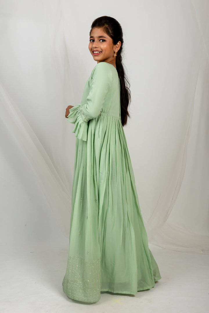 The Nesavu Kids Anarkali Pastel Monochrome Festive Wear Anarkali For Kid Girls psr silks Nesavu 24 (5Y) / Green GA038