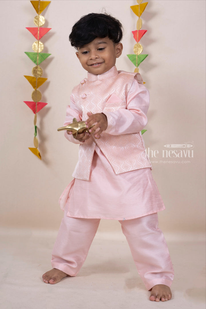 The Nesavu Ethnic Sets Peach Designer Three Piece Readymade Festive Wear Kurta For Boys psr silks Nesavu
