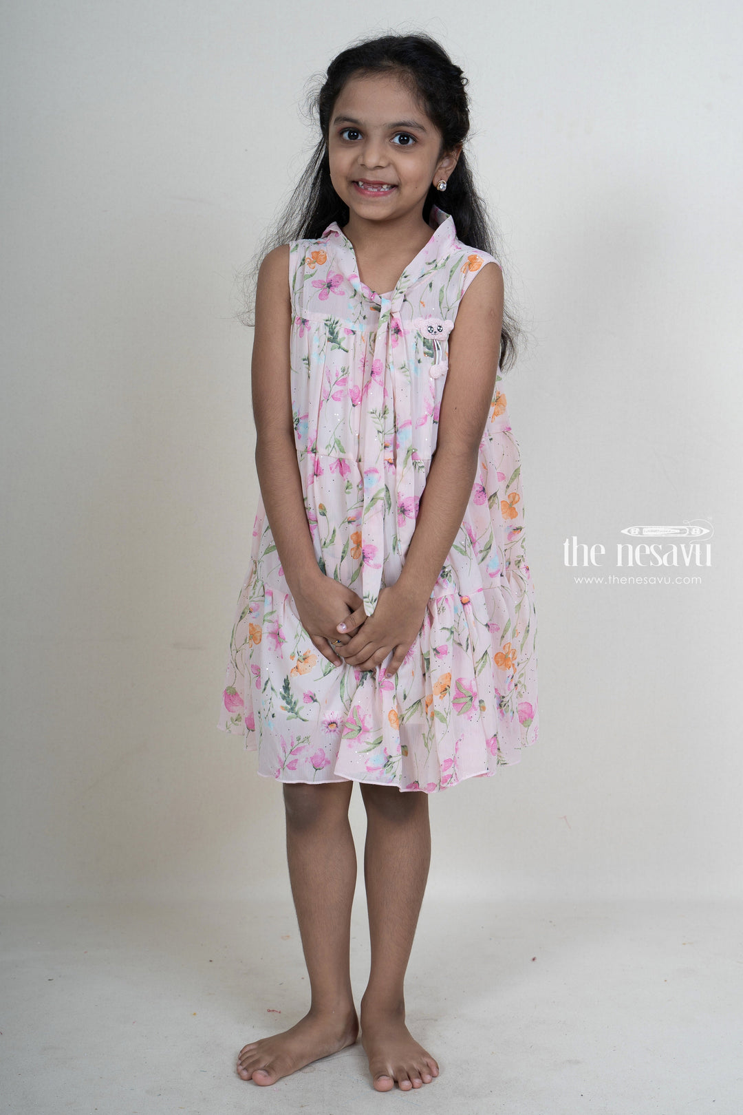 The Nesavu Frocks & Dresses Peach floral designer hi-neck crepe frock for baby girls psr silks Nesavu 16 (1Y) / lightsalmon GFC934B