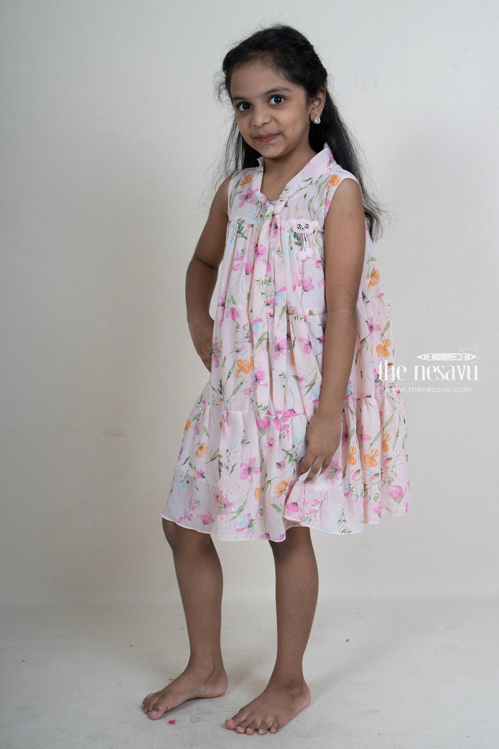 The Nesavu Frocks & Dresses Peach floral designer hi-neck crepe frock for baby girls psr silks Nesavu