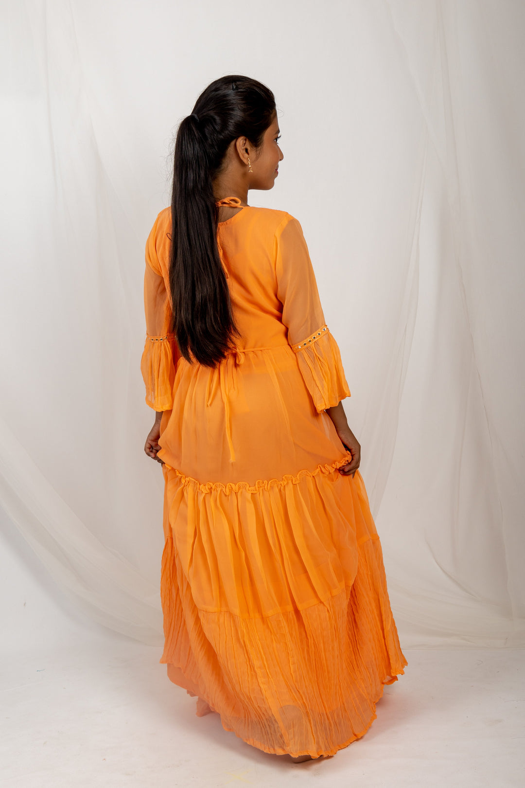 The Nesavu Kids Anarkali Peach Layered Anarkali Dress With Chunni For Girls psr silks Nesavu