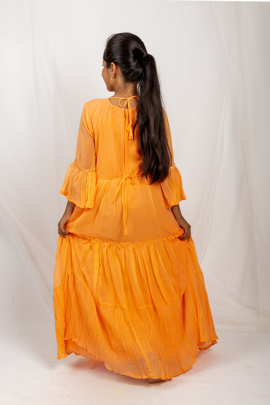 The Nesavu Kids Anarkali Peach Layered Anarkali Dress With Chunni For Girls psr silks Nesavu