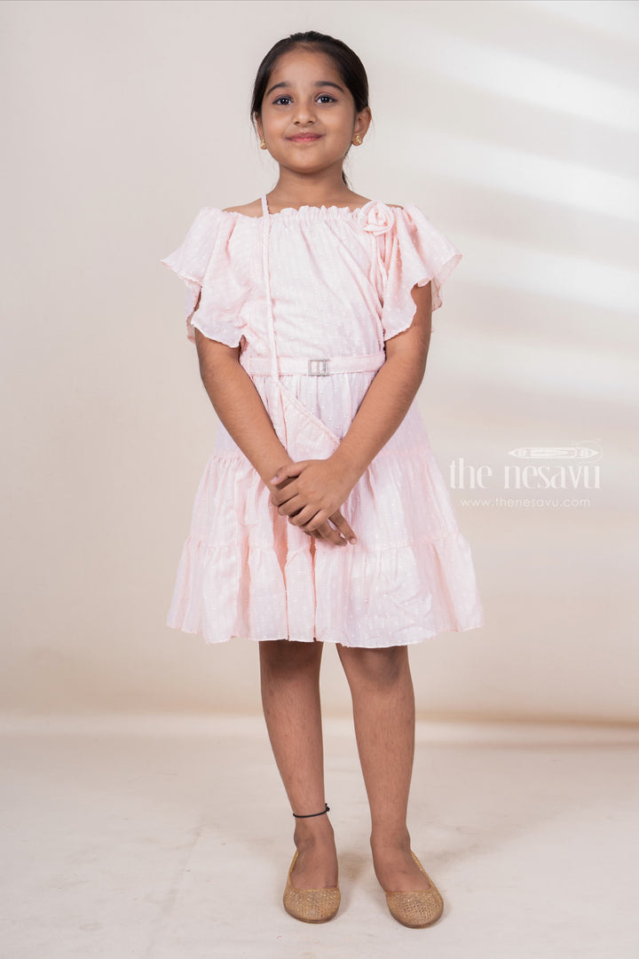 The Nesavu Frocks & Dresses Peach Off-Shoulder Designed Soft Cotton Frock For Baby Girls With Matching Bag psr silks Nesavu 22 (4Y) / PeachPuff GFC913D