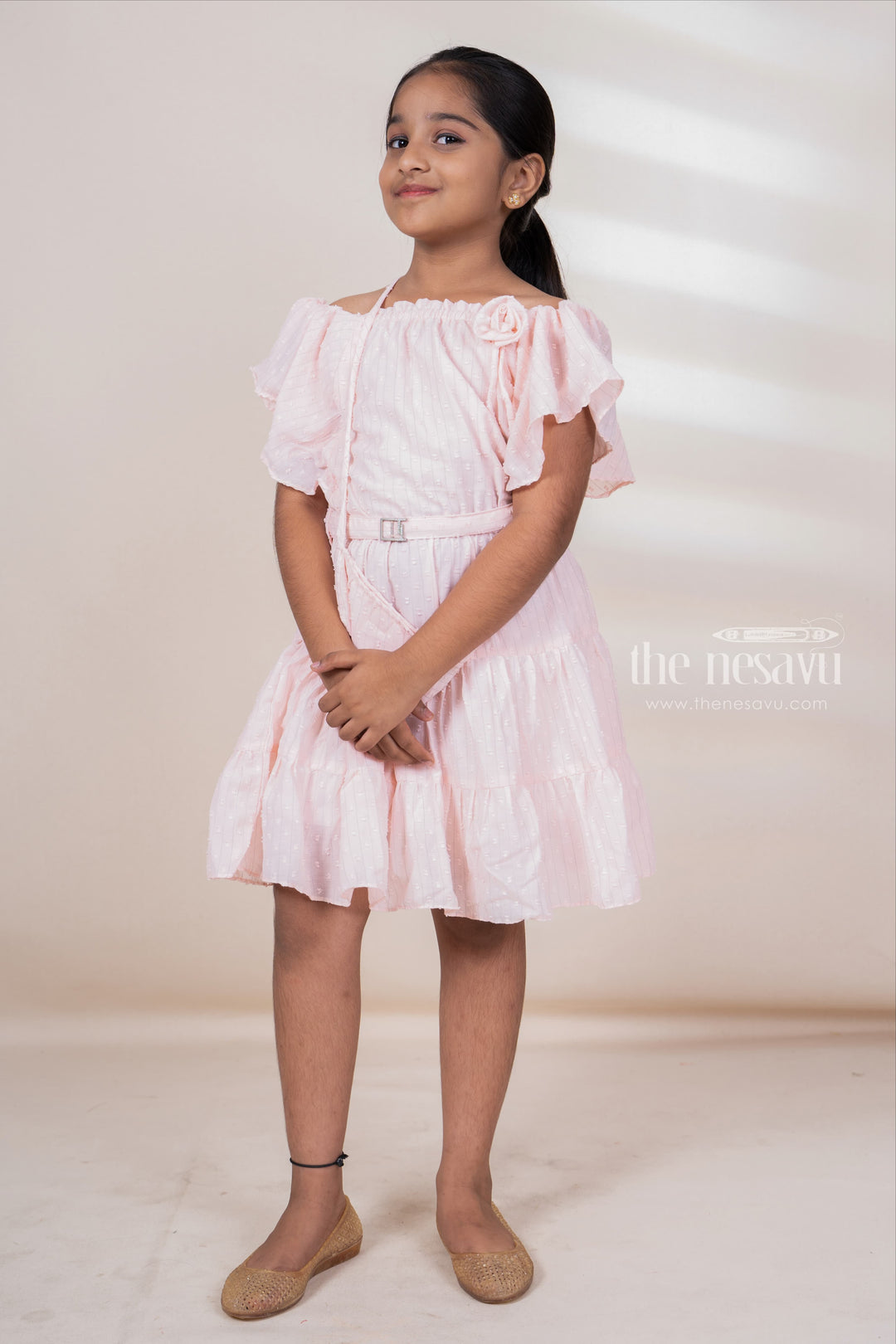 The Nesavu Frocks & Dresses Peach Off-Shoulder Designed Soft Cotton Frock For Baby Girls With Matching Bag psr silks Nesavu