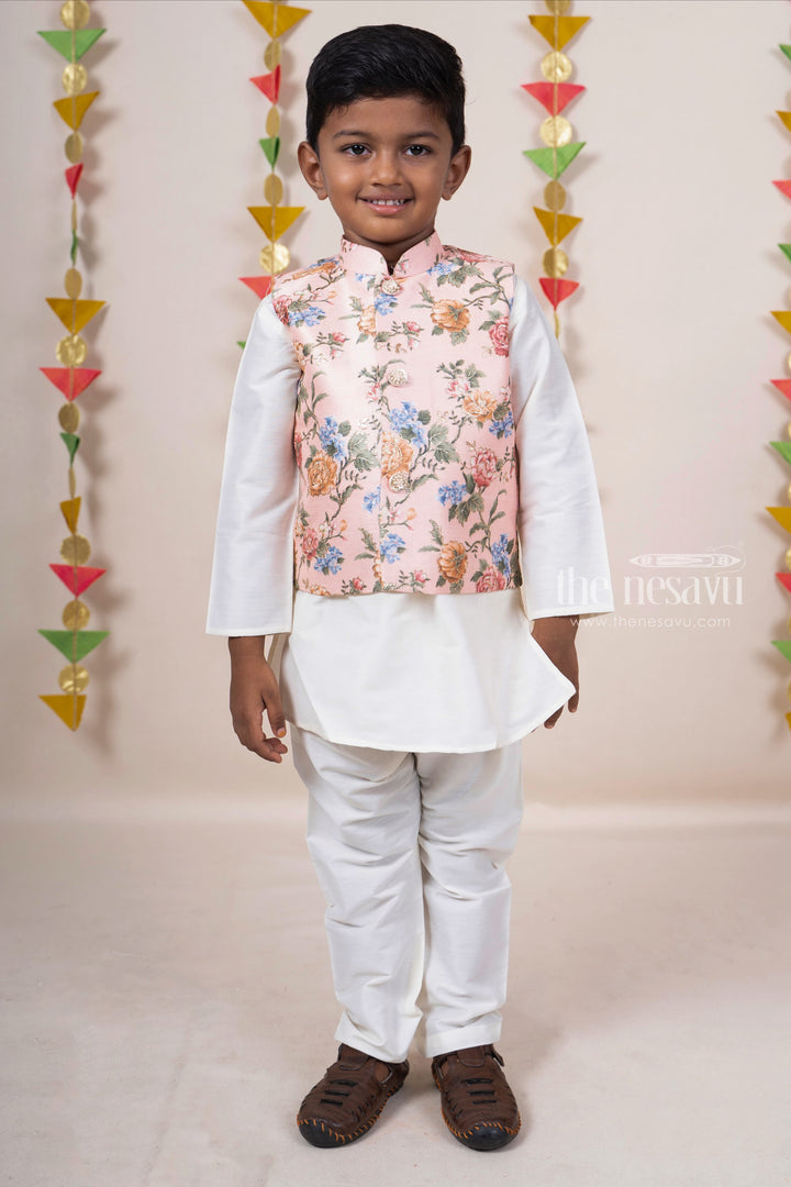 The Nesavu Ethnic Sets Peach Pink Half White Readymade Kurta Wear With Floral Jacket For Baby Boys psr silks Nesavu 16 (1Y) / pink BES127B