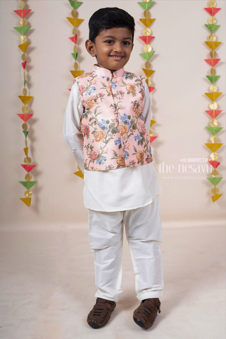The Nesavu Ethnic Sets Peach Pink Half White Readymade Kurta Wear With Floral Jacket For Baby Boys psr silks Nesavu