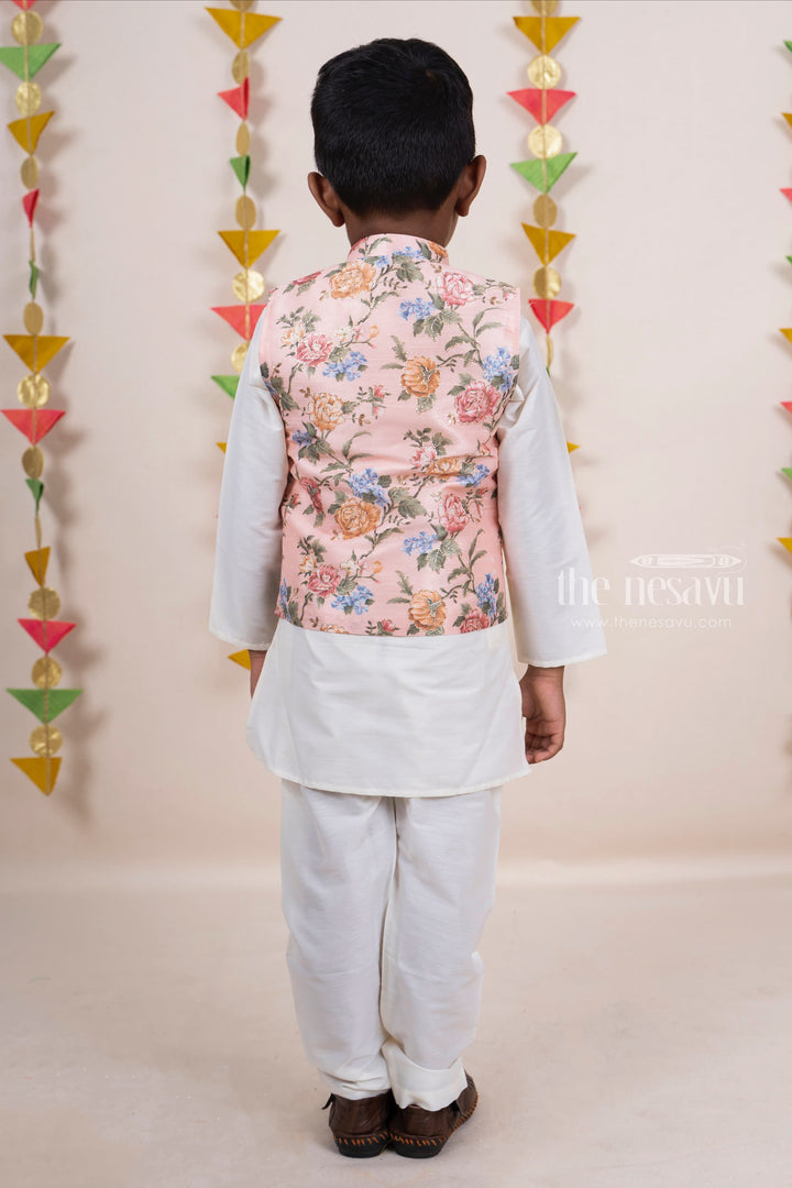 The Nesavu Ethnic Sets Peach Pink Half White Readymade Kurta Wear With Floral Jacket For Baby Boys psr silks Nesavu