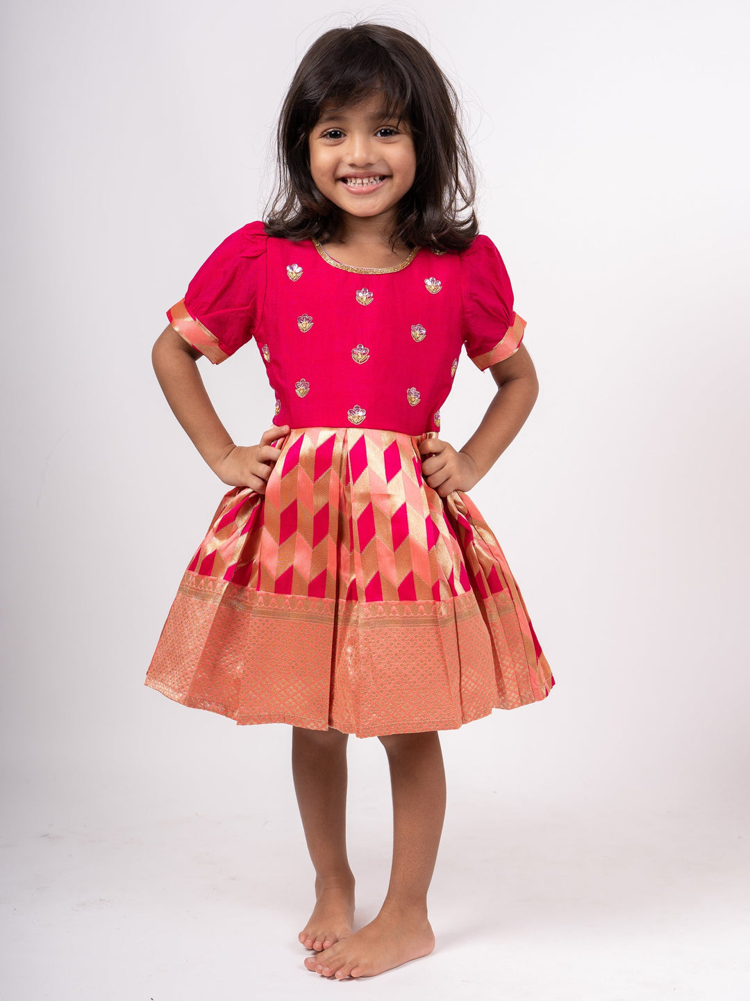 The Nesavu Silk Frocks Peach Pink Jacquard Silk Designer Pattu Gown For New Born Baby Girls psr silks Nesavu deeppink / 12 (3M) SF405