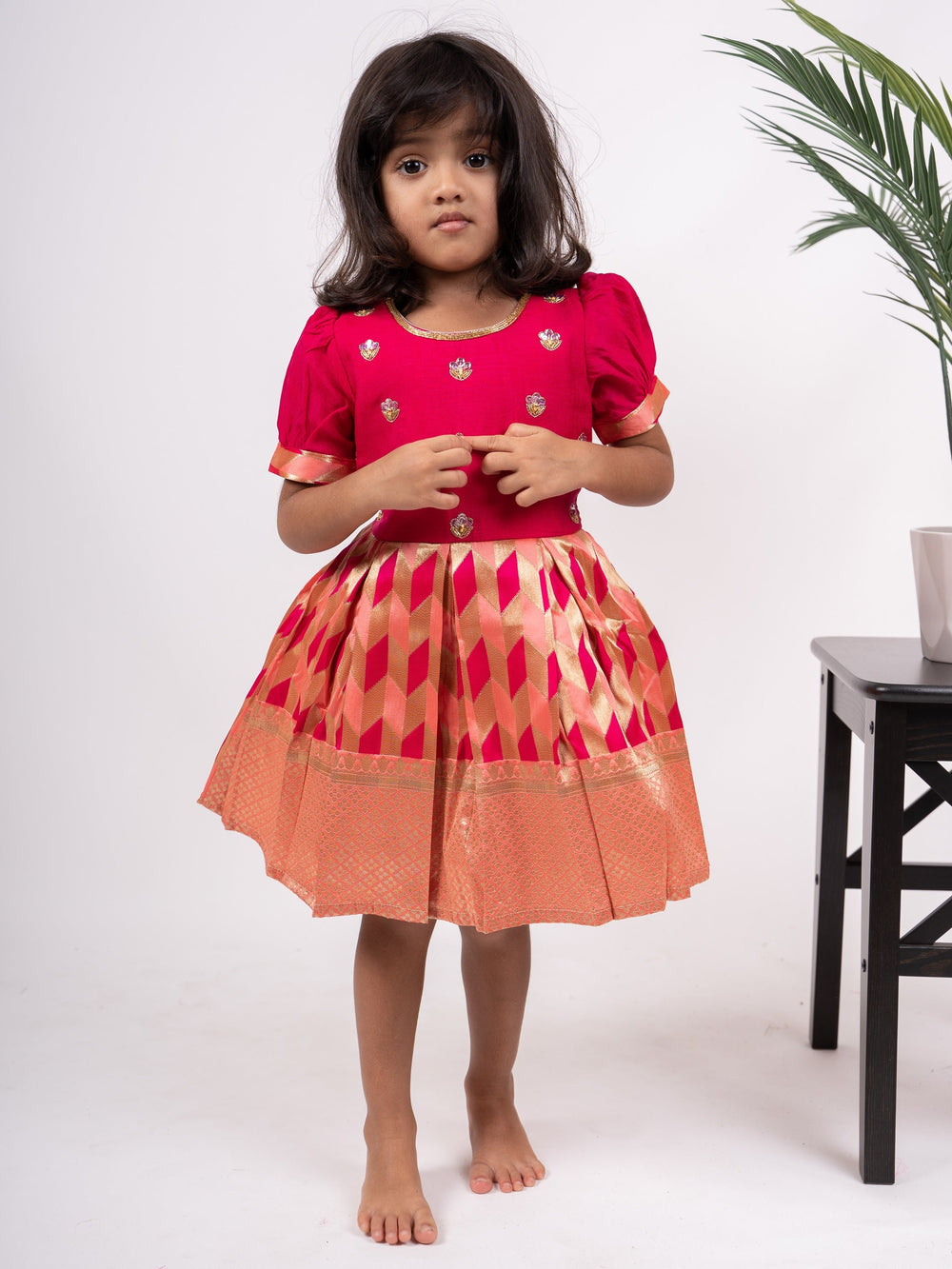 The Nesavu Silk Frocks Peach Pink Jacquard Silk Designer Pattu Gown For New Born Baby Girls psr silks Nesavu