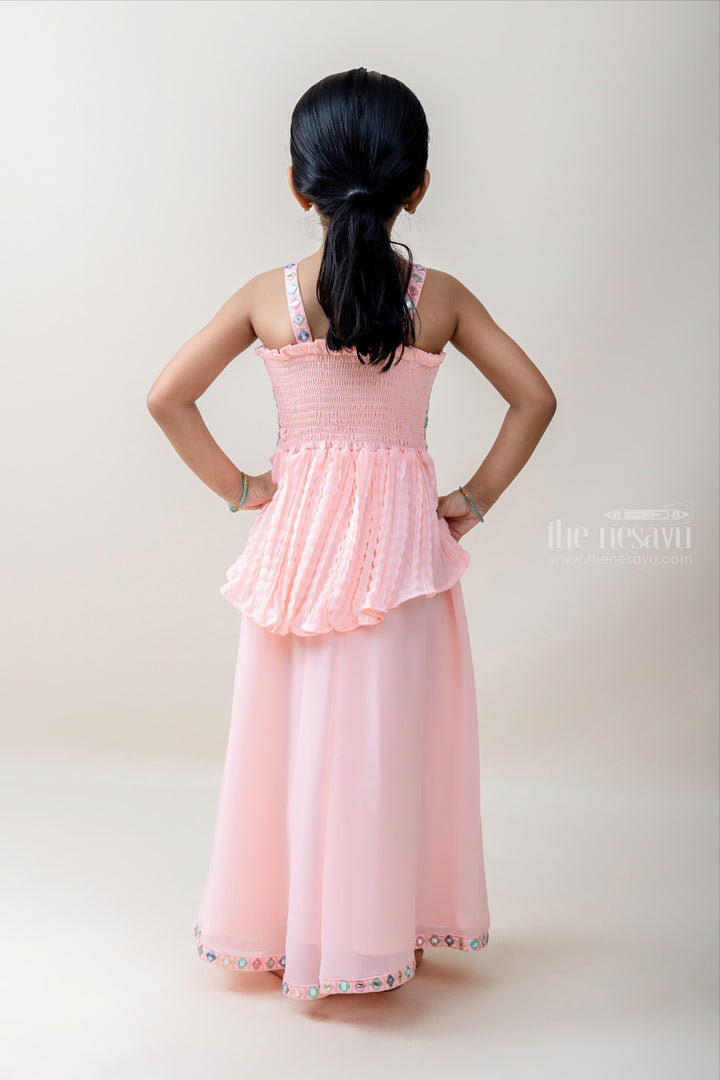 The Nesavu Sets & Suits Peach Pink Mirror Embroidery Semi Crushed Crepe Palazzo Wear For Baby Girls psr silks Nesavu