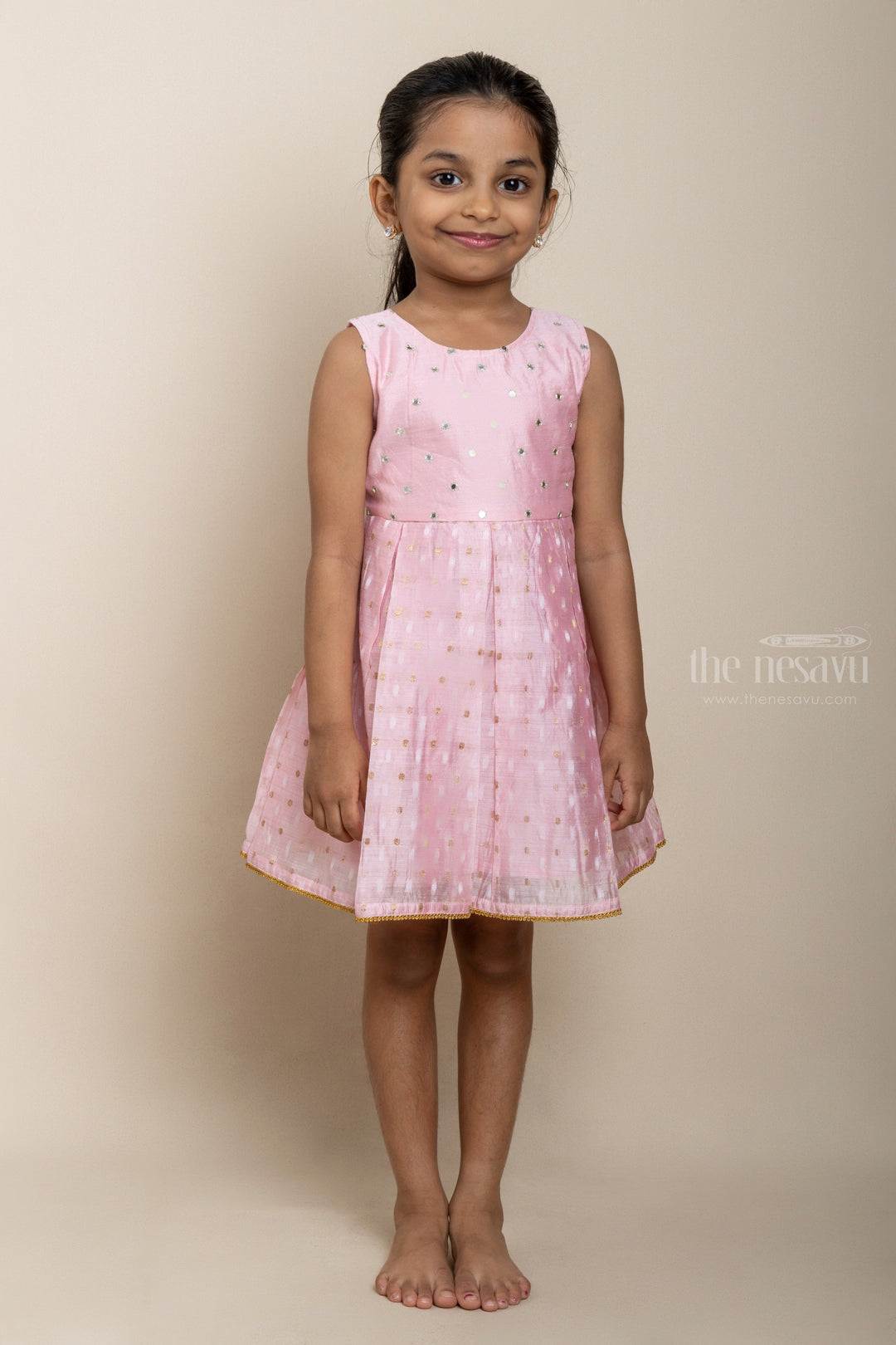 The Nesavu Frocks & Dresses Peach Pink Show - Exclusive Cotton Design Frock With Mirror Heavy Designs psr silks Nesavu 14 (6M) / Pink GFC967B