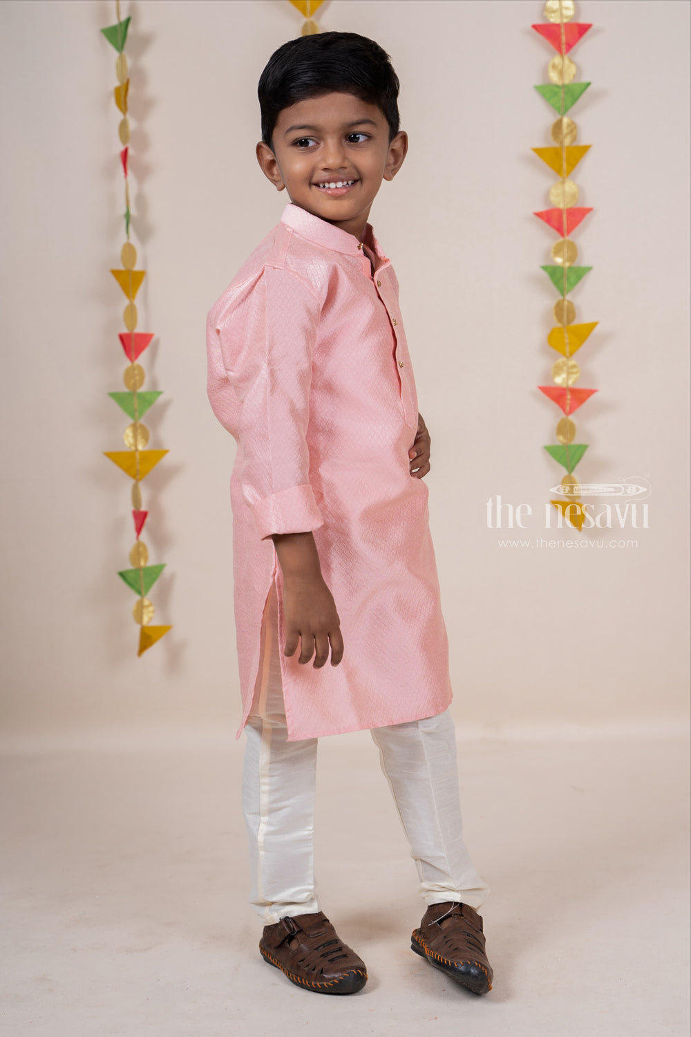 The Nesavu Ethnic Sets Peach Pink Silk Cotton Kurta Dresses For Baby Boys psr silks Nesavu