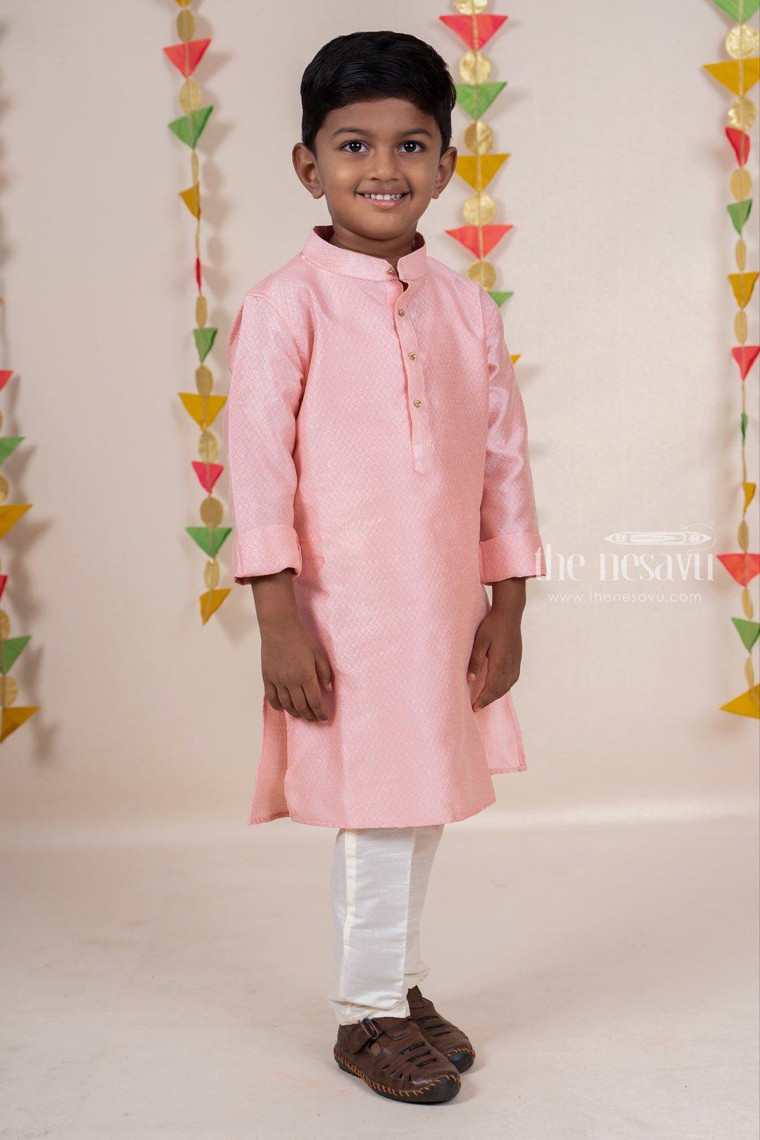 The Nesavu Ethnic Sets Peach Pink Silk Cotton Kurta Dresses For Baby Boys psr silks Nesavu
