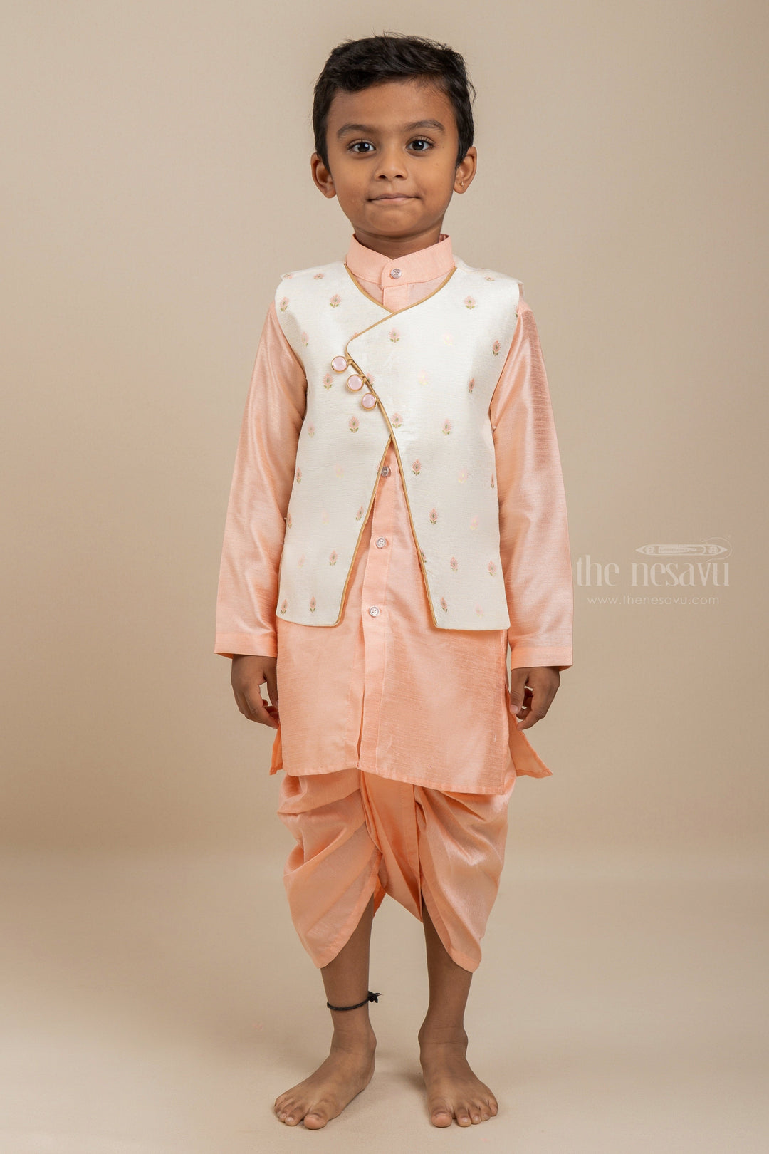 The Nesavu Ethnic Sets Peach Pink Silk Cotton Party Wear Kurta With Side Buttoned Nehru Coat psr silks Nesavu 22 (4Y) / Orange BES201A