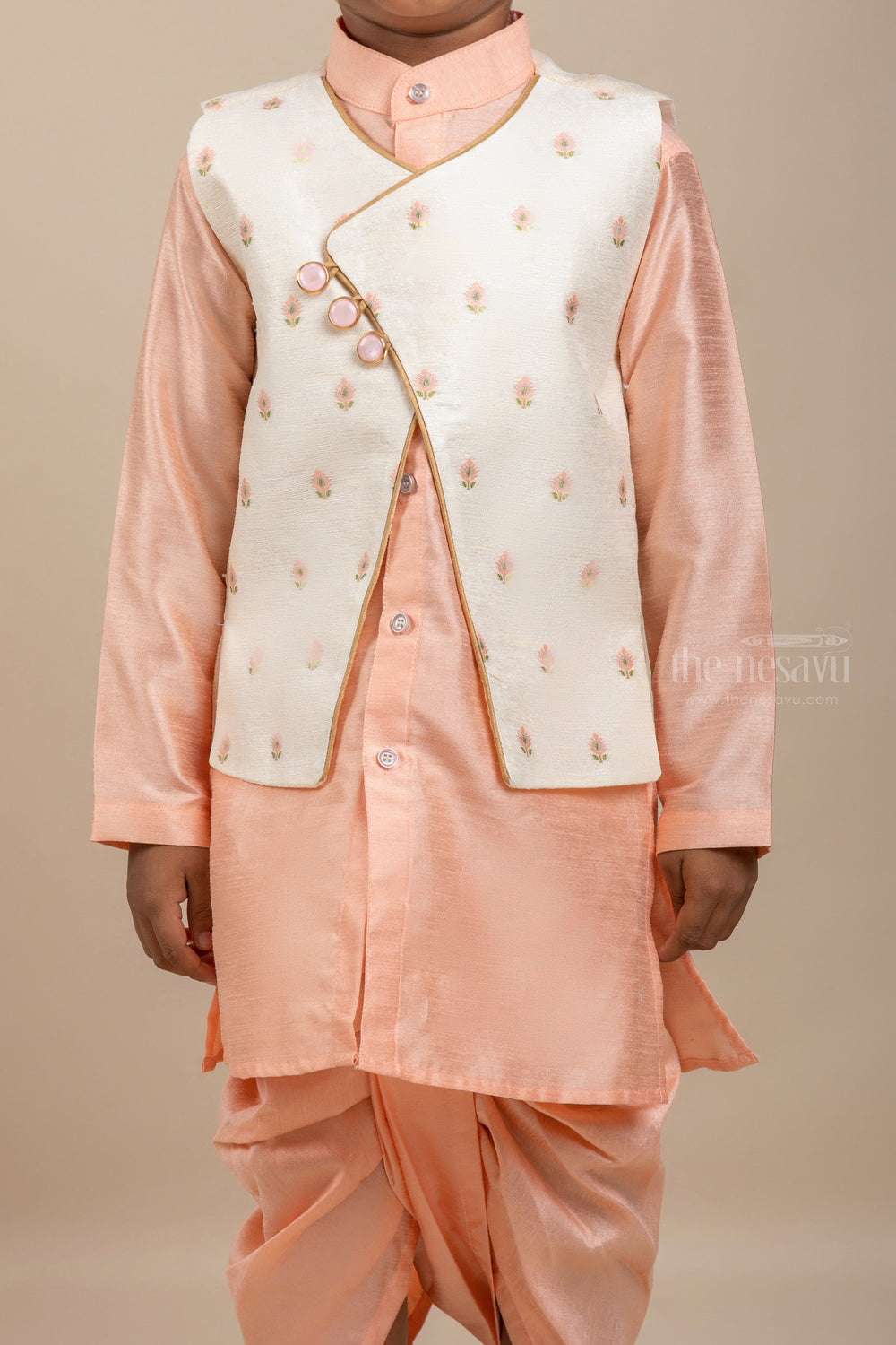 The Nesavu Ethnic Sets Peach Pink Silk Cotton Party Wear Kurta With Side Buttoned Nehru Coat psr silks Nesavu