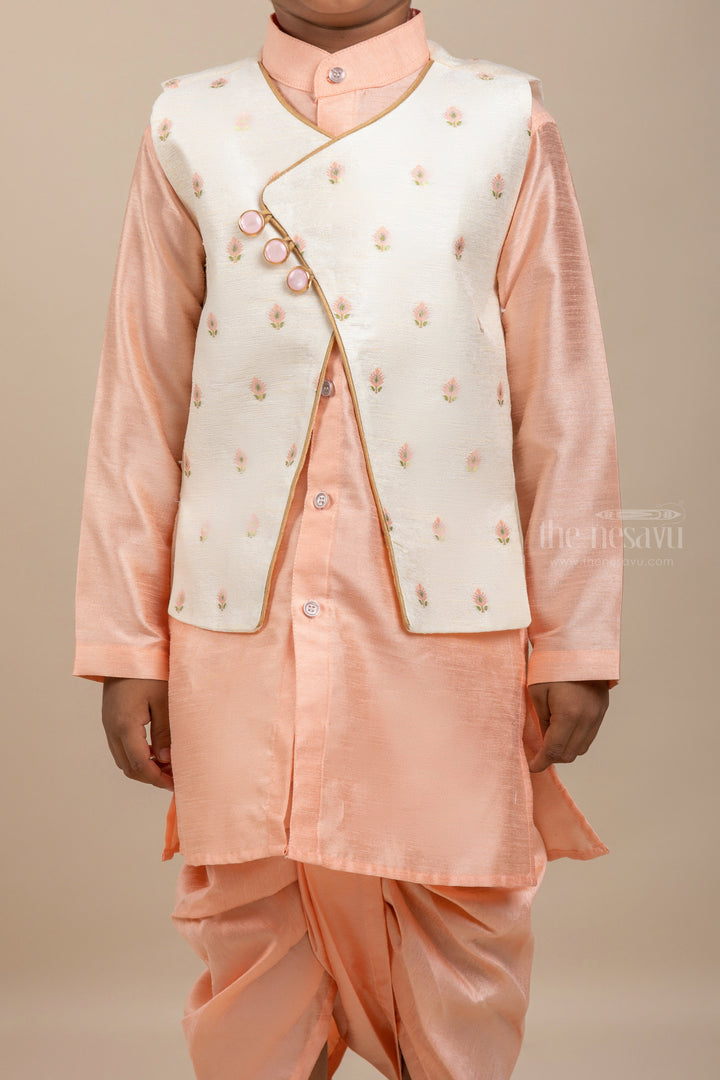 The Nesavu Ethnic Sets Peach Pink Silk Cotton Party Wear Kurta With Side Buttoned Nehru Coat psr silks Nesavu