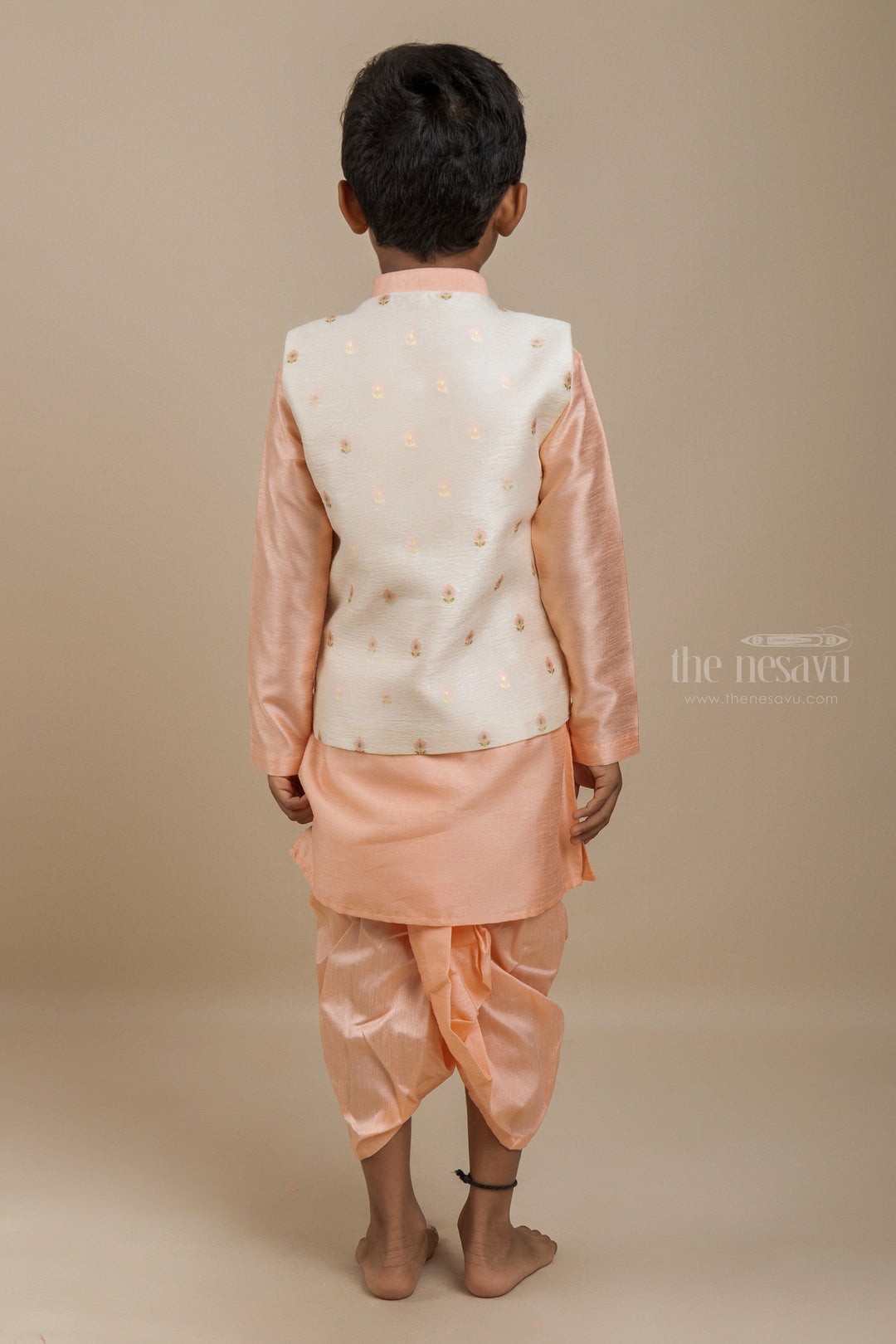 The Nesavu Ethnic Sets Peach Pink Silk Cotton Party Wear Kurta With Side Buttoned Nehru Coat psr silks Nesavu
