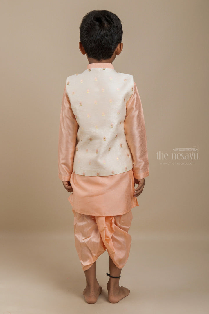 The Nesavu Ethnic Sets Peach Pink Silk Cotton Party Wear Kurta With Side Buttoned Nehru Coat psr silks Nesavu