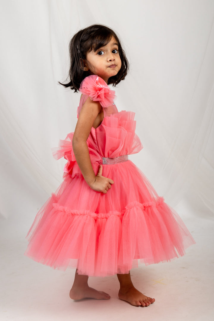 The Nesavu Party Frock Peach Pink Soft Netted Cotton Gown With Designer Embellishments psr silks Nesavu 16 (1Y) / Tomato PF42