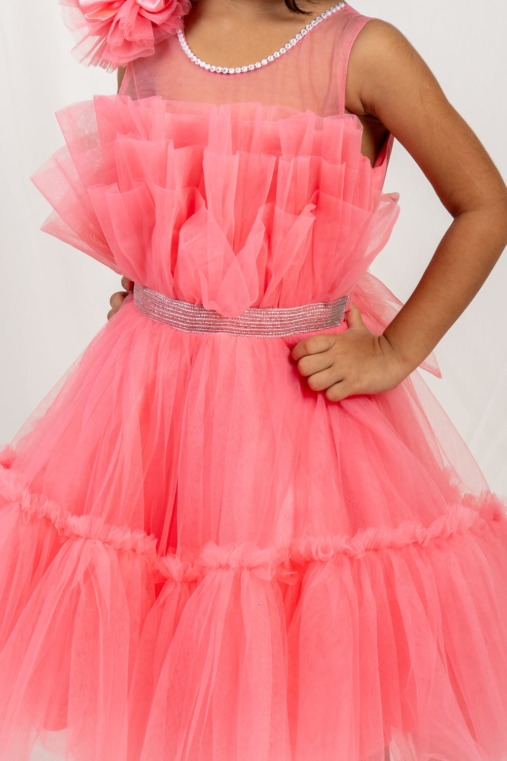 The Nesavu Party Frock Peach Pink Soft Netted Cotton Gown With Designer Embellishments psr silks Nesavu