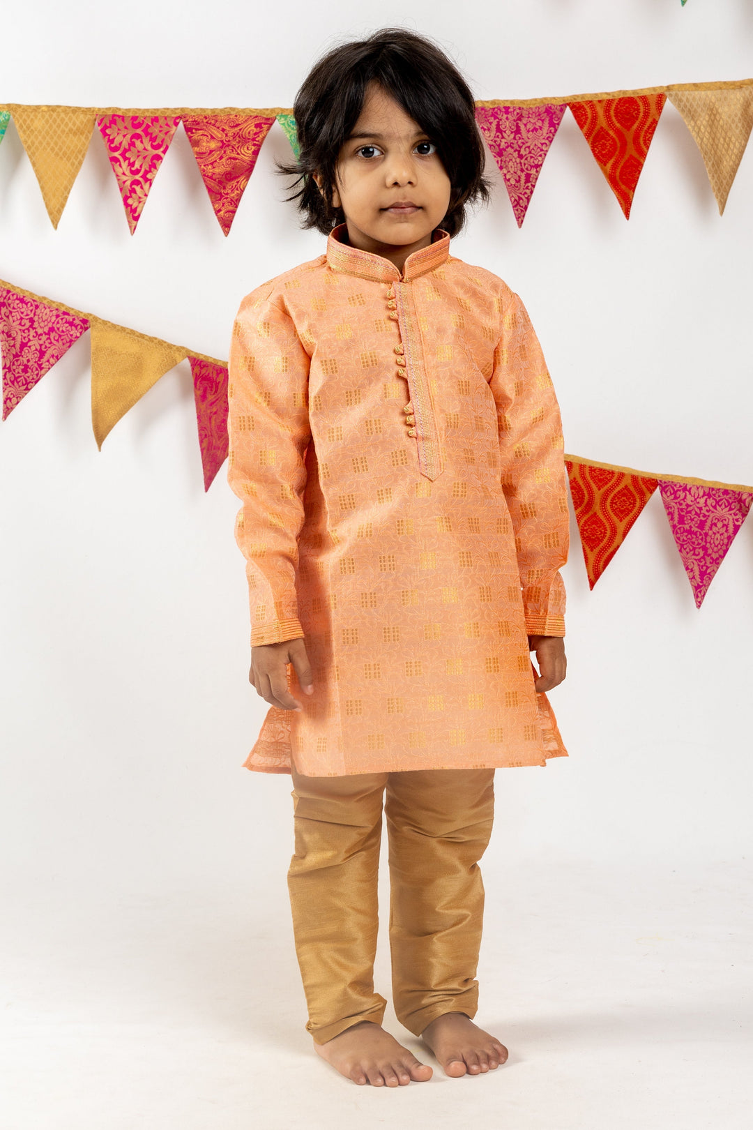 The Nesavu Ethnic Sets Peach Pink Traditional Indian Party Wear Kurta Suit For Baby Boys psr silks Nesavu 14 (6M) / pink BES171