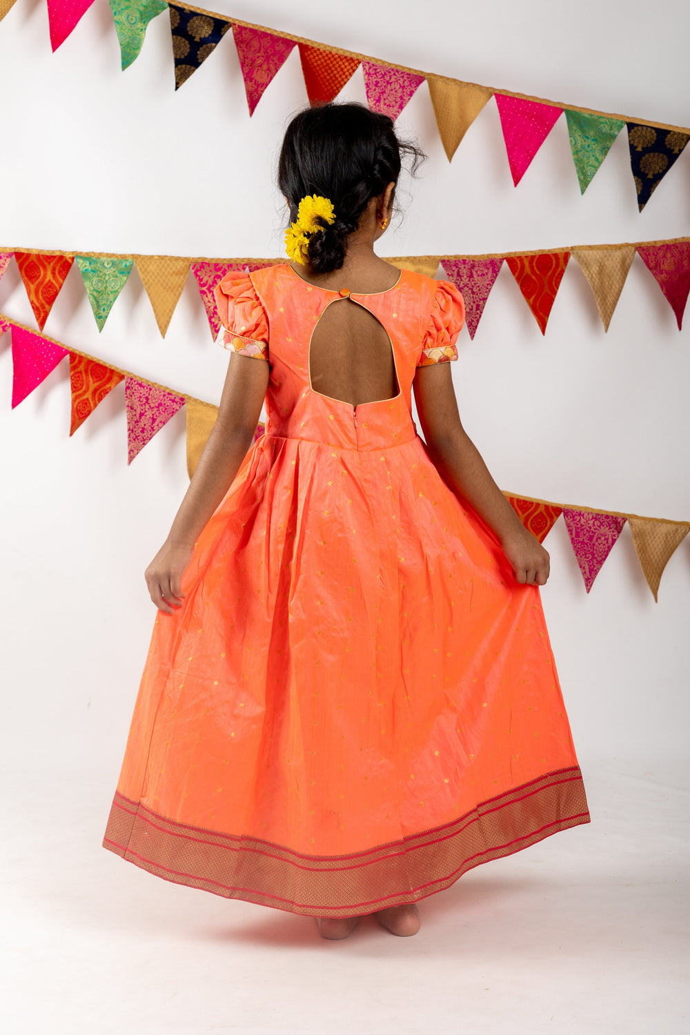 The Nesavu Kids Anarkali Peach Pink Traditional Party Wear Ankle Length Anarkali Kurta For Girls psr silks Nesavu
