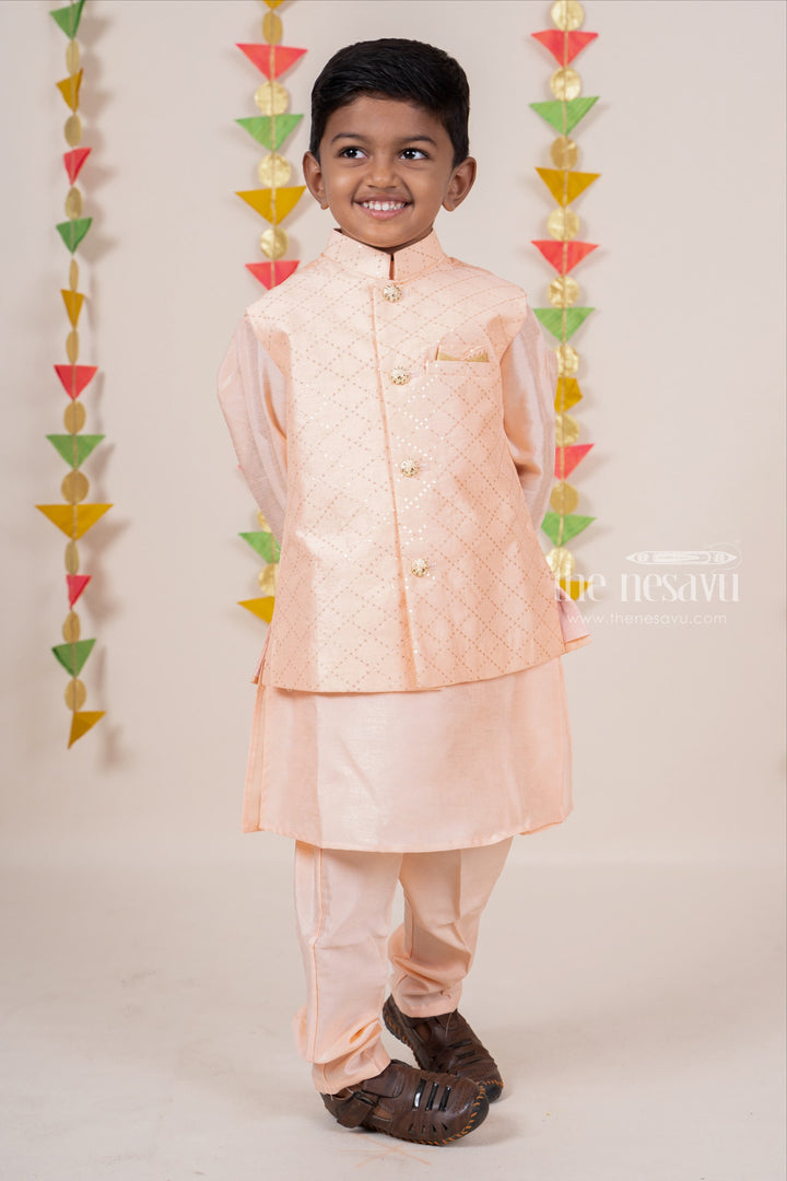 The Nesavu Ethnic Sets Peach Silk Cotton Kurta Wear For Baby Boys With Overcoat psr silks Nesavu