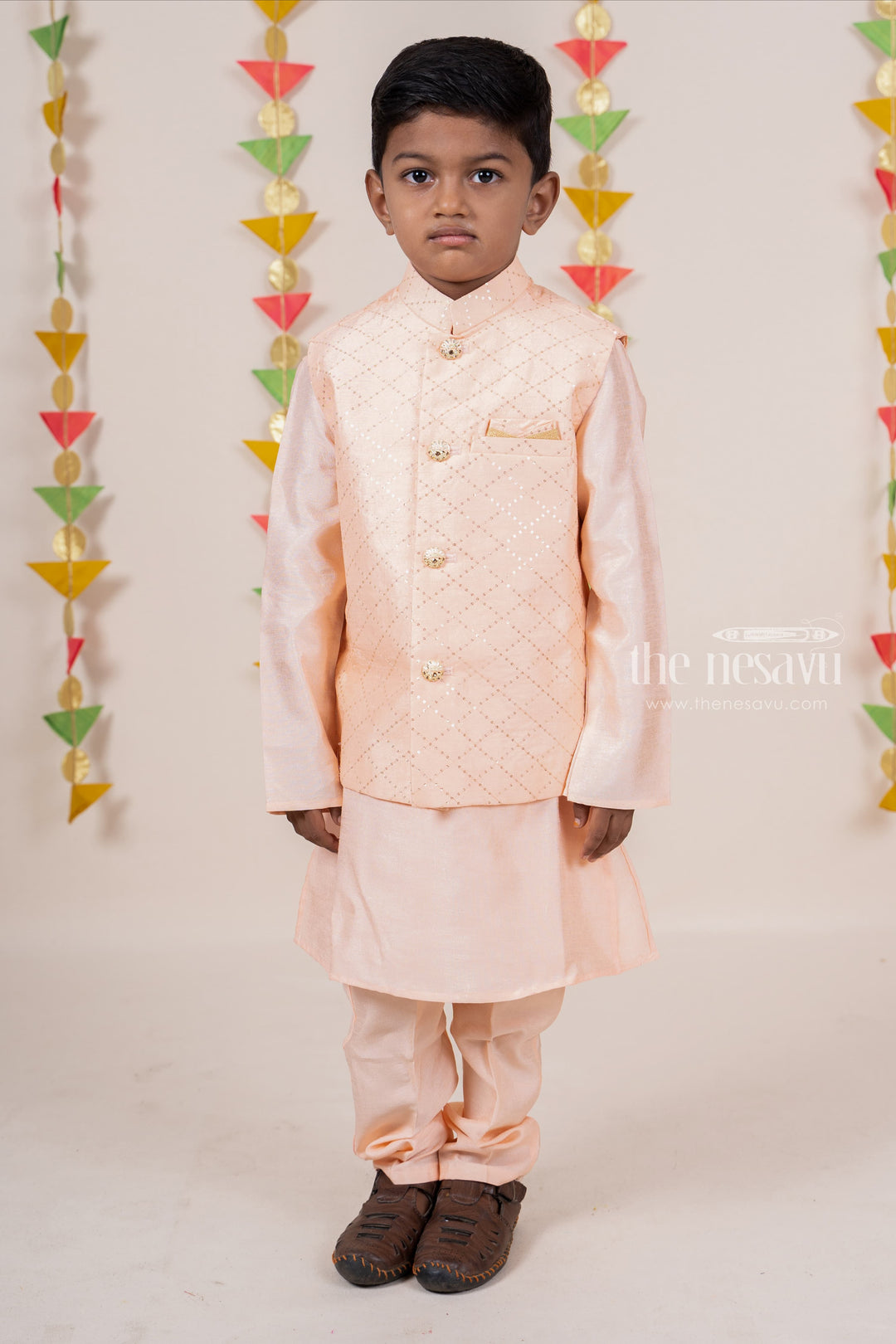 The Nesavu Ethnic Sets Peach Silk Cotton Kurta Wear For Baby Boys With Overcoat psr silks Nesavu