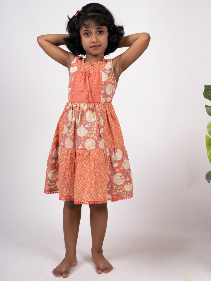 The Nesavu Frocks & Dresses Peach Zig-Zag And Floral Pattern Cotton Gown With Designer Neck psr silks Nesavu