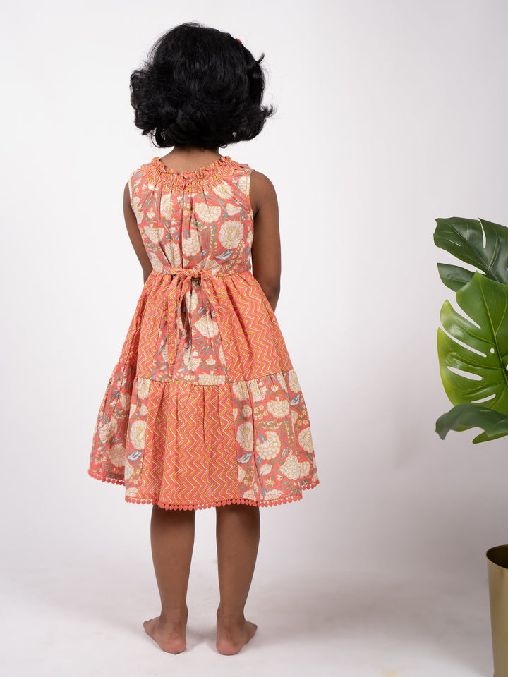 The Nesavu Frocks & Dresses Peach Zig-Zag And Floral Pattern Cotton Gown With Designer Neck psr silks Nesavu