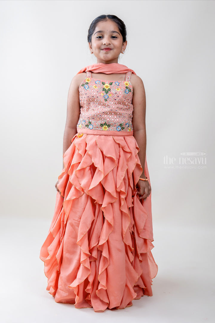 The Nesavu Lehenga & Ghagra Peachy Girl - Flashy Peachy Orange Crop Tops With Magical Ruffled Skirt psr silks Nesavu 18 (2Y) / salmon GL286A