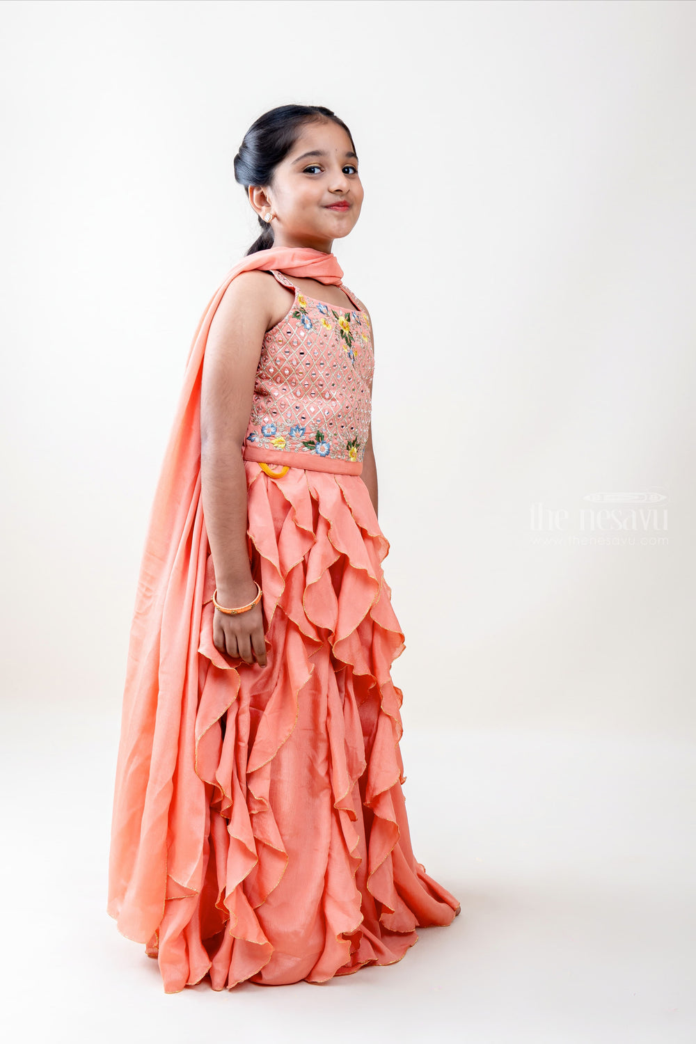 The Nesavu Lehenga & Ghagra Peachy Girl - Flashy Peachy Orange Crop Tops With Magical Ruffled Skirt psr silks Nesavu
