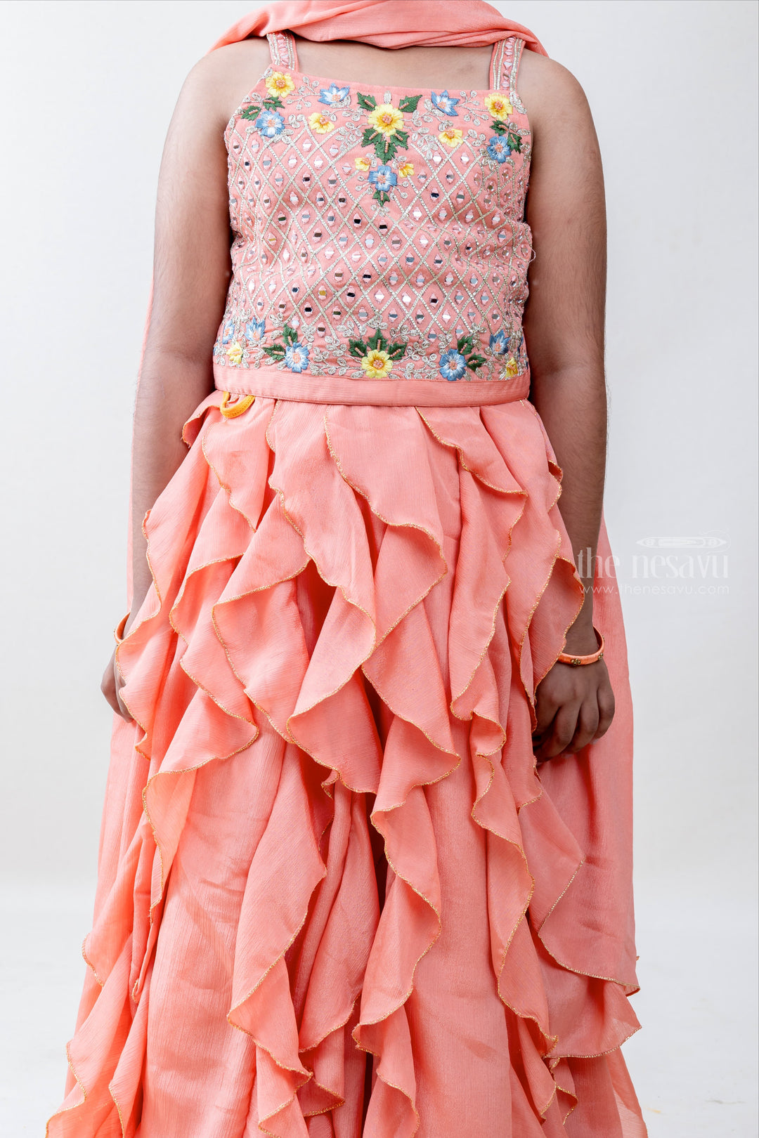 The Nesavu Lehenga & Ghagra Peachy Girl - Flashy Peachy Orange Crop Tops With Magical Ruffled Skirt psr silks Nesavu