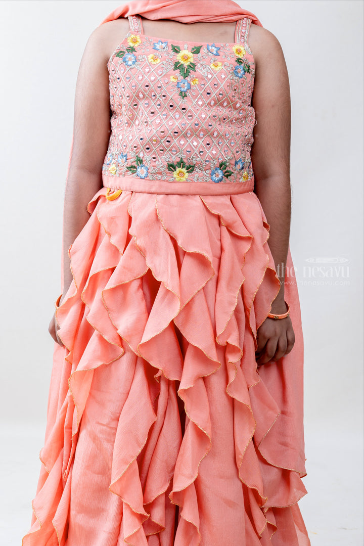 The Nesavu Lehenga & Ghagra Peachy Girl - Flashy Peachy Orange Crop Tops With Magical Ruffled Skirt psr silks Nesavu