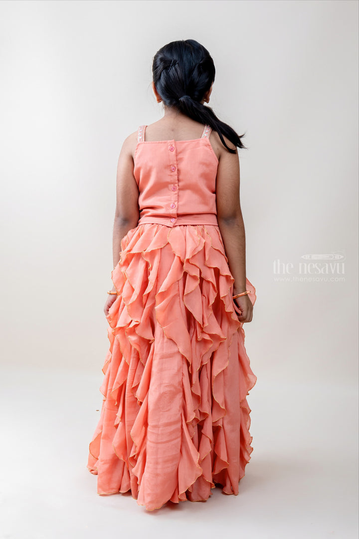 The Nesavu Lehenga & Ghagra Peachy Girl - Flashy Peachy Orange Crop Tops With Magical Ruffled Skirt psr silks Nesavu