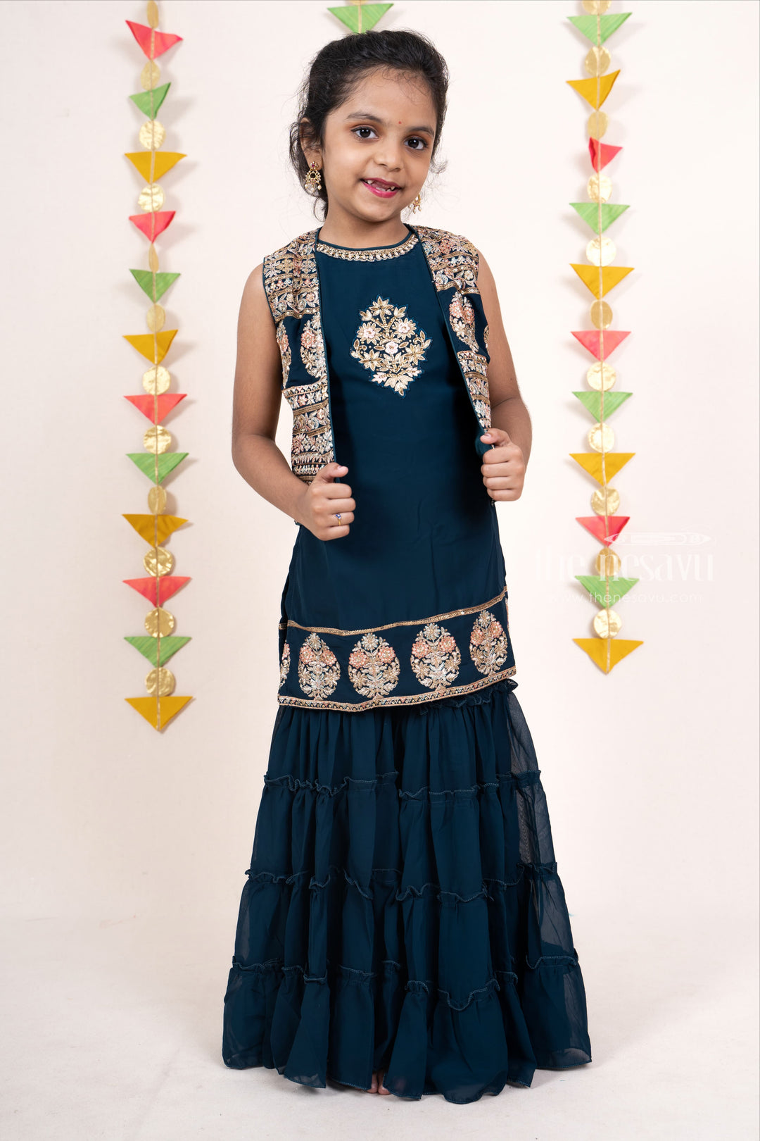 The Nesavu Sets & Suits Peacock Blue Designer Embroidery Georgette Multi-Tiered Sharara Wear For Girls psr silks Nesavu 16 (1Y) / DarkSlateGray GPS083