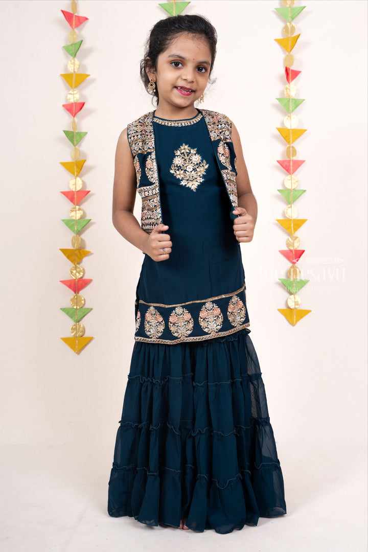 The Nesavu Sets & Suits Peacock Blue Designer Embroidery Georgette Multi-Tiered Sharara Wear For Girls psr silks Nesavu 16 (1Y) / DarkSlateGray GPS083