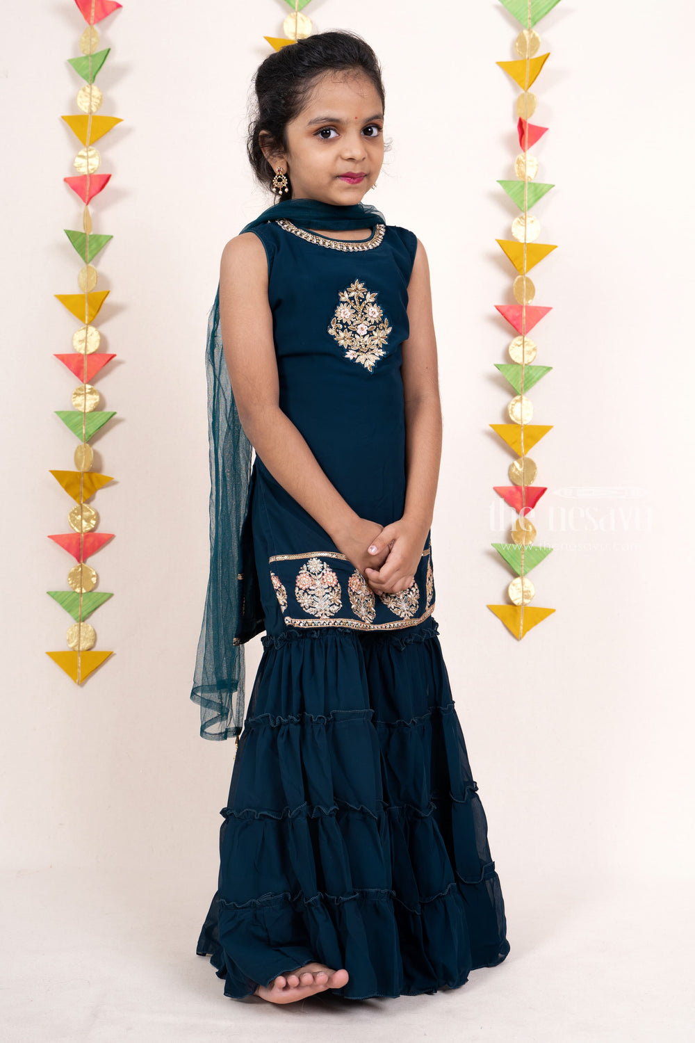 The Nesavu Sets & Suits Peacock Blue Designer Embroidery Georgette Multi-Tiered Sharara Wear For Girls psr silks Nesavu