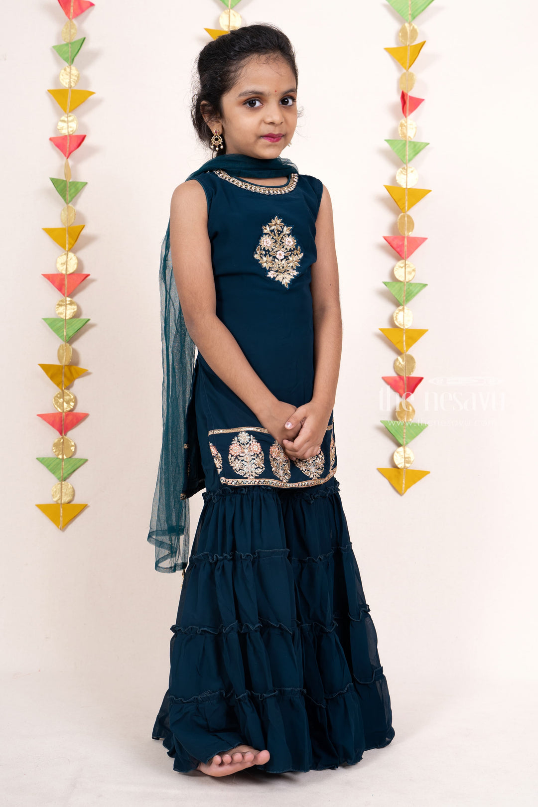 The Nesavu Sets & Suits Peacock Blue Designer Embroidery Georgette Multi-Tiered Sharara Wear For Girls psr silks Nesavu