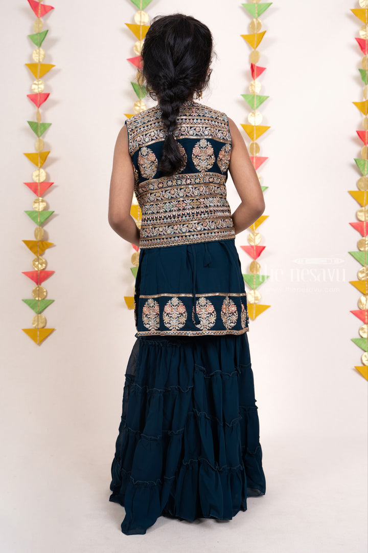 The Nesavu Sets & Suits Peacock Blue Designer Embroidery Georgette Multi-Tiered Sharara Wear For Girls psr silks Nesavu