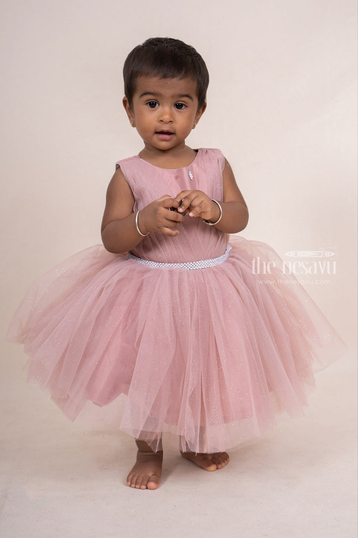 The Nesavu Party Frock Peru Glittering Pin-Tucked Soft Net Party Frock For New Born Baby Girls psr silks Nesavu 16 (1Y) / Peru PF70A