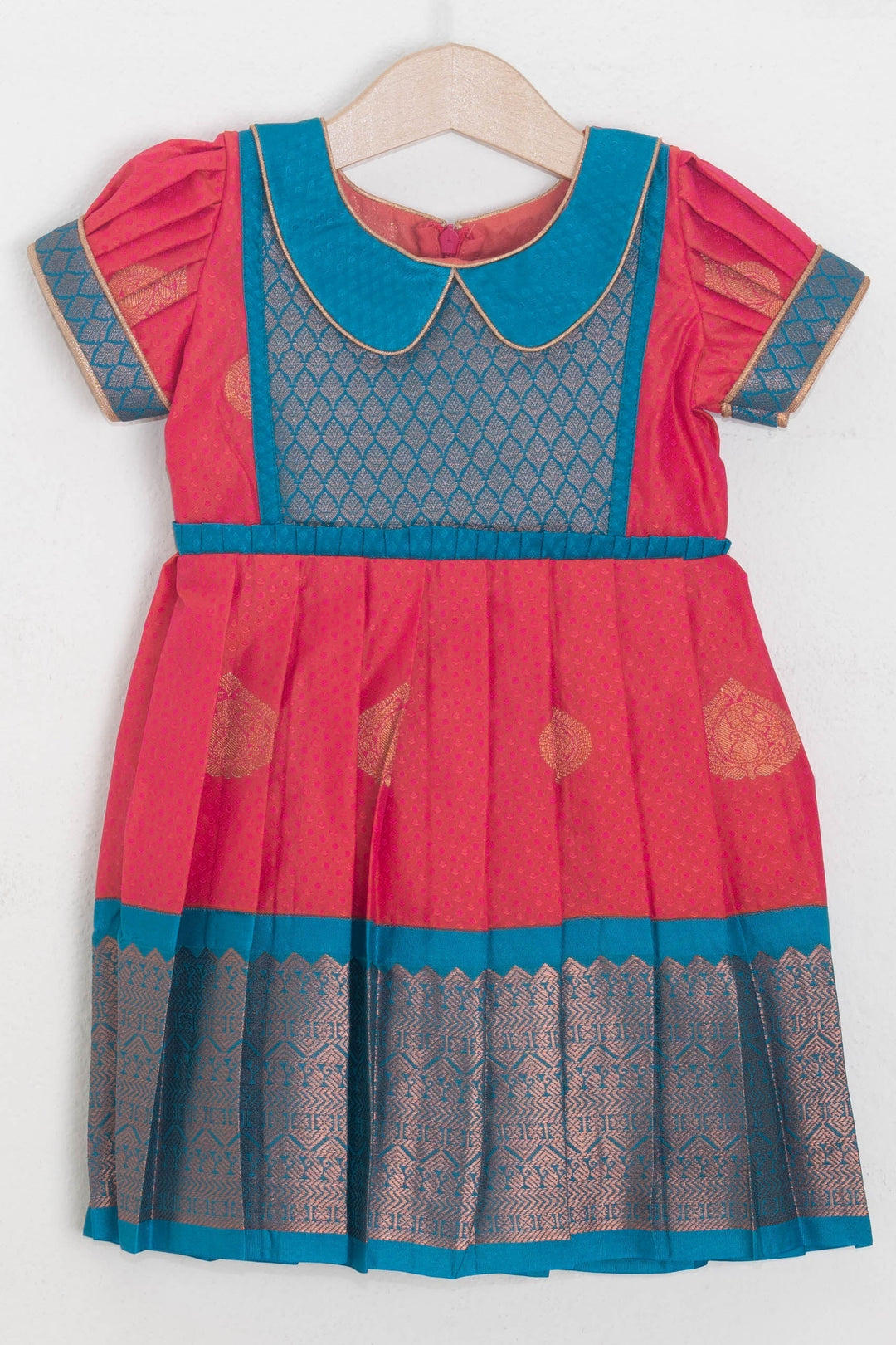 The Nesavu Silk Frocks Pink And Blue Semi Kanchivaram Soft Silk With Peter Pan Collared Frock For Girls psr silks Nesavu 14 (6M) / Red SF522