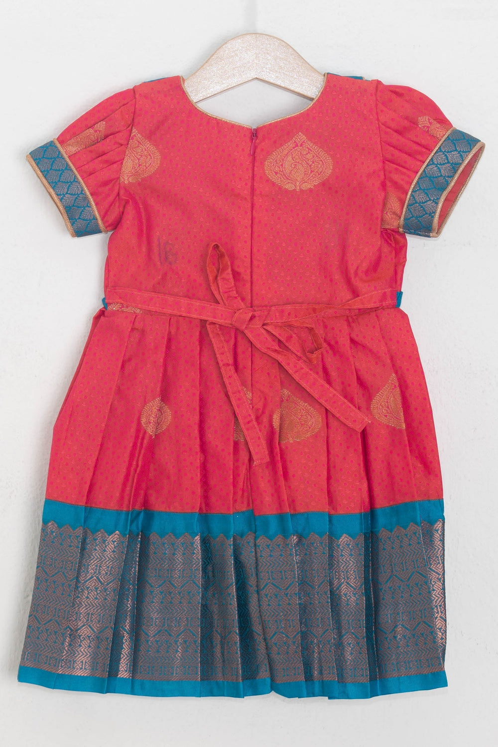 The Nesavu Silk Frocks Pink And Blue Semi Kanchivaram Soft Silk With Peter Pan Collared Frock For Girls psr silks Nesavu