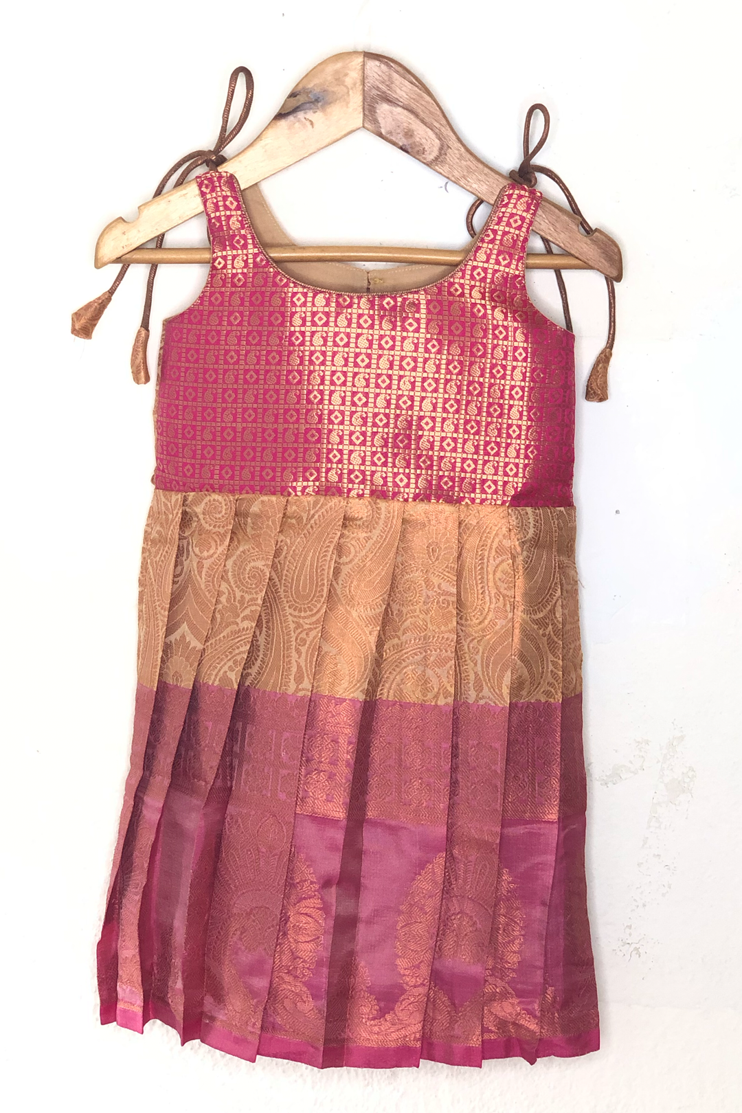 The Nesavu Tie-up Frock Pink And Gold Union Jacquard Printed Semi-Banaras Tie-Up Frocks For Girls psr silks Nesavu 16 (1Y) / Pink T268A