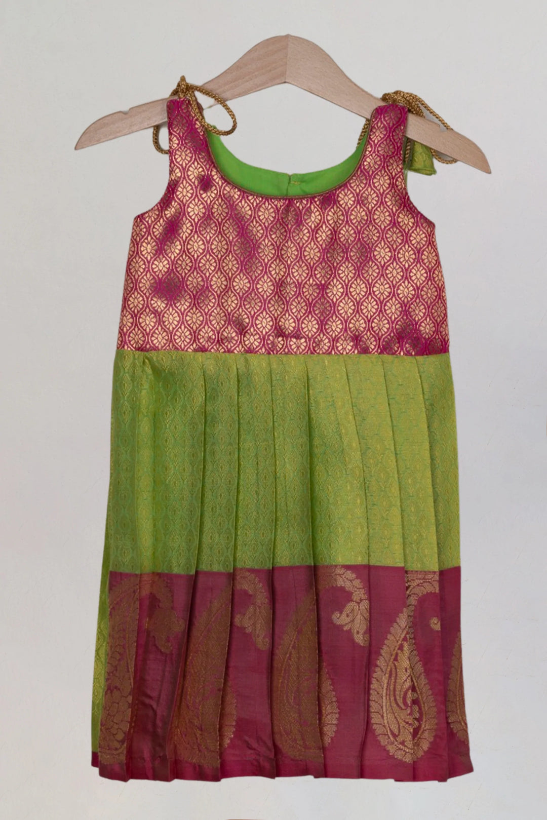 The Nesavu Tie-up Frock Pink And Green Ethnic Tie-up Silk Frocks With Mango Border For Girls psr silks Nesavu 12 (3M) / Green T229B