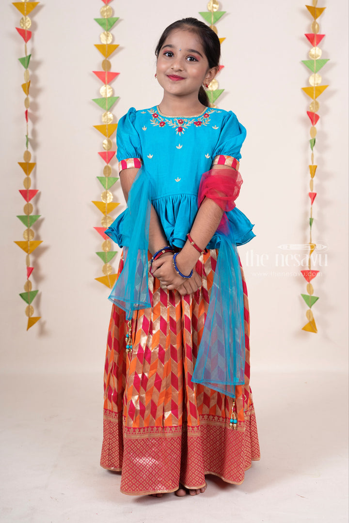 The Nesavu Lehenga & Ghagra Pink Banarasi Silk Lehenga With Embroidery Peplum Blouse For Baby Girls psr silks Nesavu 16 (1Y) / Red GL250