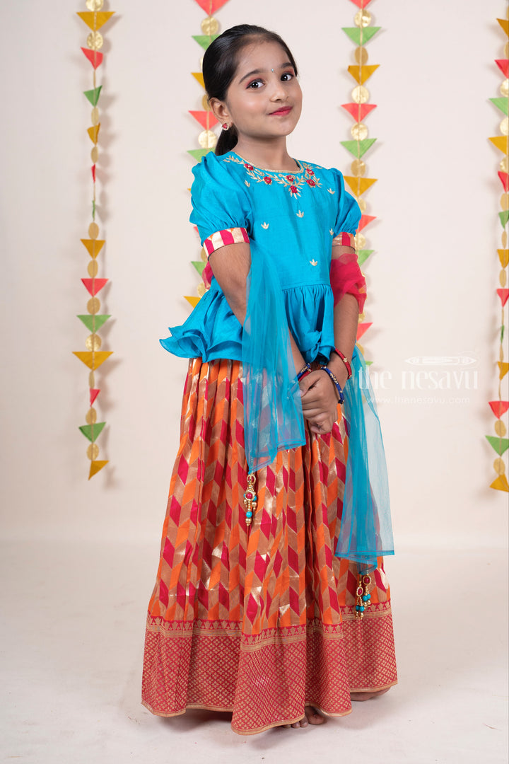 The Nesavu Lehenga & Ghagra Pink Banarasi Silk Lehenga With Embroidery Peplum Blouse For Baby Girls psr silks Nesavu